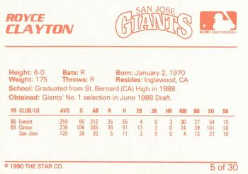 1990 Star San Jose Giants #5 Royce Clayton Back