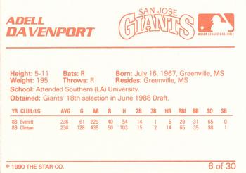 1990 Star San Jose Giants #6 Adell Davenport Back
