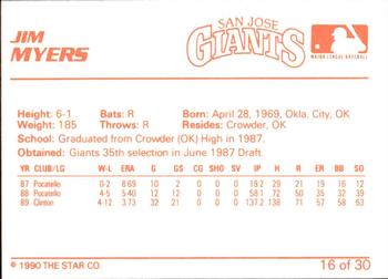1990 Star San Jose Giants #16 Jim Myers Back