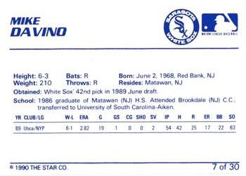 1990 Star Sarasota White Sox #7 Mike Davino Back