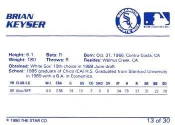 1990 Star Sarasota White Sox #13 Brian Keyser Back