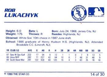 1990 Star Sarasota White Sox #14 Rob Lukachyk Back