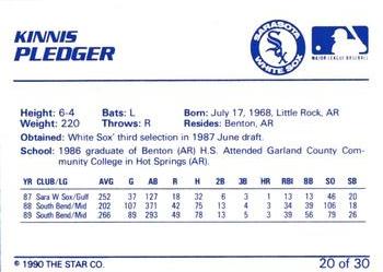 1990 Star Sarasota White Sox #20 Kinnis Pledger Back
