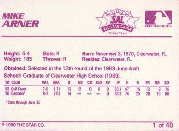 1990 Star South Atlantic League All-Stars #1 Mike Arner Back