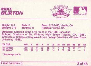 1990 Star South Atlantic League All-Stars #3 Mike Burton Back