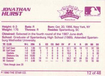 1990 Star South Atlantic League All-Stars #12 Jonathan Hurst Back
