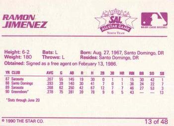 1990 Star South Atlantic League All-Stars #13 Ramon Jimenez Back