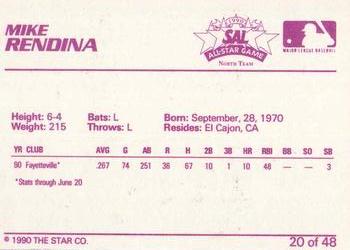 1990 Star South Atlantic League All-Stars #20 Mike Rendina Back