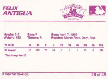 1990 Star South Atlantic League All-Stars #26 Felix Antigua Back
