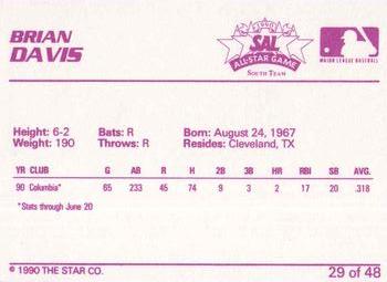 1990 Star South Atlantic League All-Stars #29 Brian Davis Back