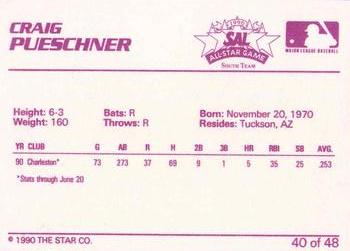 1990 Star South Atlantic League All-Stars #40 Craig Pueschner Back