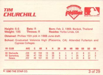 1990 Star Spartanburg Phillies #3 Tim Churchill Back