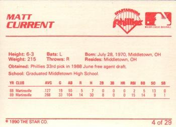 1990 Star Spartanburg Phillies #4 Matt Current Back