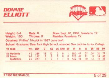 1990 Star Spartanburg Phillies #5 Donnie Elliott Back