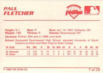 1990 Star Spartanburg Phillies #7 Paul Fletcher Back