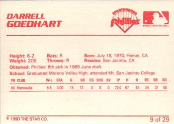 1990 Star Spartanburg Phillies #9 Darrell Goedhart Back
