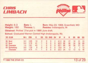 1990 Star Spartanburg Phillies #13 Chris Limbach Back