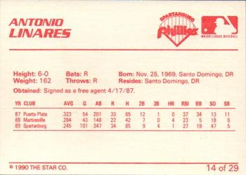 1990 Star Spartanburg Phillies #14 Antonio Linares Back