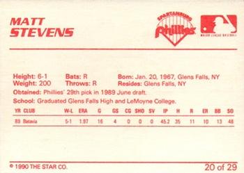 1990 Star Spartanburg Phillies #20 Matt Stevens Back