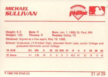 1990 Star Spartanburg Phillies #21 Michael Sullivan Back
