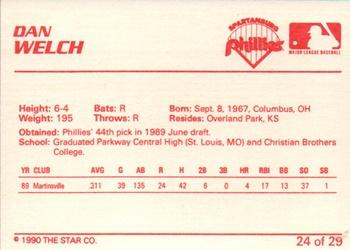 1990 Star Spartanburg Phillies #24 Dan Welch Back