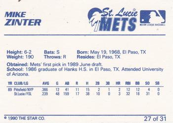 1990 Star St. Lucie Mets #27 Alan Zinter Back