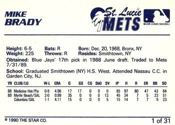 1990 Star St. Lucie Mets #1 Mike Brady Back