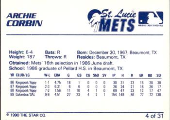 1990 Star St. Lucie Mets #4 Archie Corbin Back