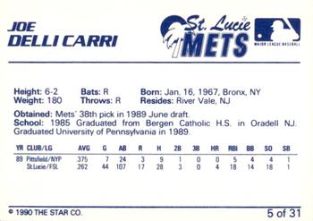 1990 Star St. Lucie Mets #5 Joe Delli Carri Back