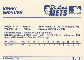 1990 Star St. Lucie Mets #8 Kenny Graves Back