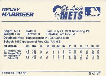 1990 Star St. Lucie Mets #9 Denny Harriger Back