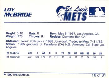 1990 Star St. Lucie Mets #16 Loy McBride Back