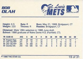1990 Star St. Lucie Mets #19 Bob Olah Back