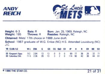 1990 Star St. Lucie Mets #21 Andy Reich Back