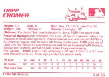 1990 Star St. Petersburg Cardinals #3 Tripp Cromer Back