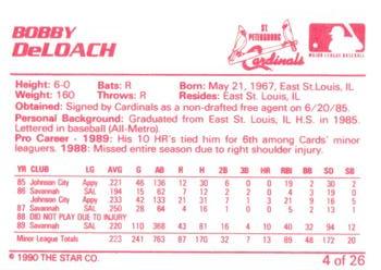 1990 Star St. Petersburg Cardinals #4 Bobby DeLoach Back