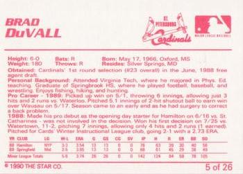 1990 Star St. Petersburg Cardinals #5 Brad DuVall Back