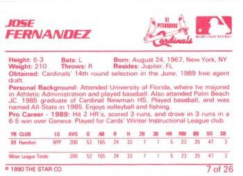 1990 Star St. Petersburg Cardinals #7 Jose Fernandez Back