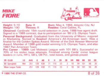 1990 Star St. Petersburg Cardinals #8 Mike Fiore Back