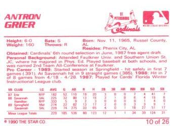 1990 Star St. Petersburg Cardinals #10 Antron Grier Back