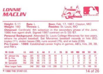 1990 Star St. Petersburg Cardinals #14 Lonnie Maclin Back