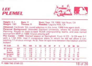 1990 Star St. Petersburg Cardinals #18 Lee Plemel Back