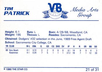 1990 Star Vero Beach Dodgers #21 Tim Patrick Back