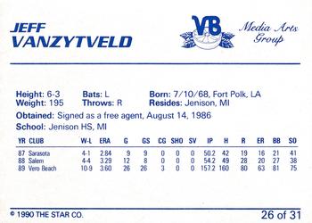 1990 Star Vero Beach Dodgers #26 Jeff Vanzytveld Back