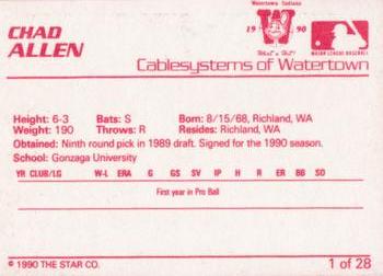 1990 Star Watertown Indians #1 Chad Allen Back