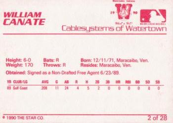 1990 Star Watertown Indians #2 William Canate Back