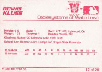 1990 Star Watertown Indians #12 Dennis Kluss Back