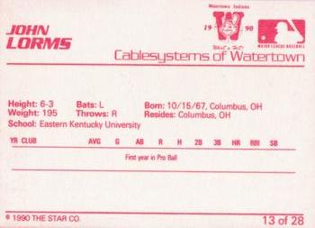 1990 Star Watertown Indians #13 John Lorms Back