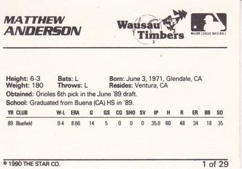 1990 Star Wausau Timbers #1 Matthew Anderson Back