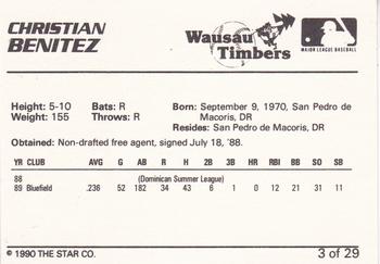 1990 Star Wausau Timbers #3 Christian Benitez Back